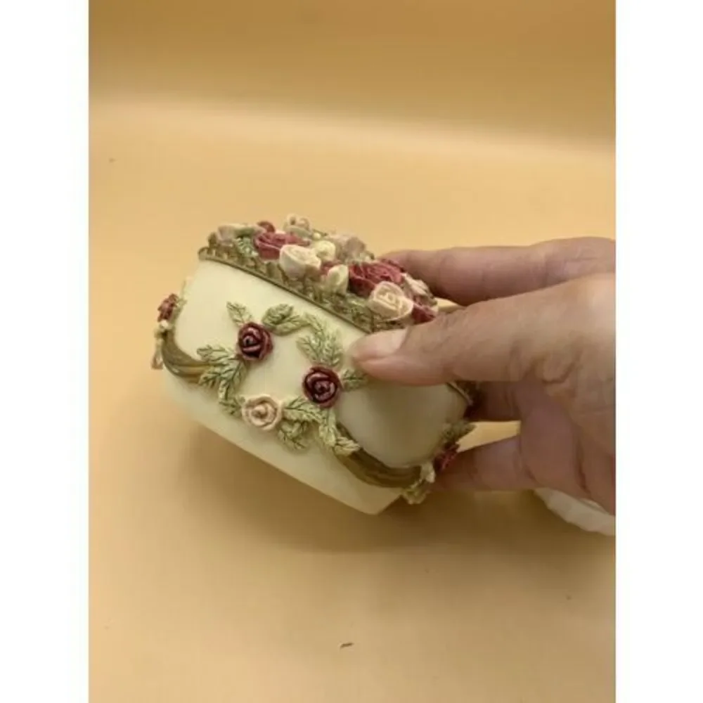 Vintage DEZINE Hand painted Applied Roses and Japan Flowers Trinket Box